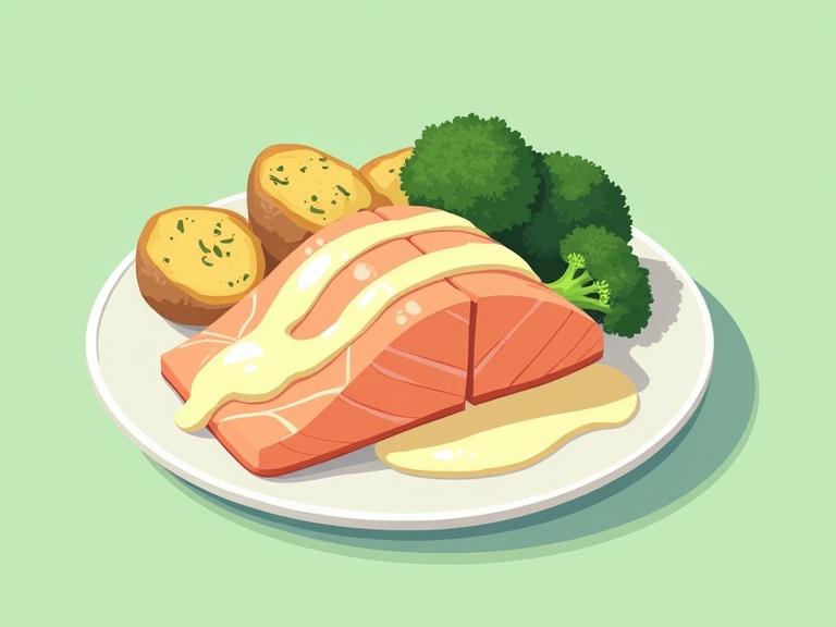 Illustration of a dish including a salmon fillet covered in sauce with broccoli and potatoes. The salmon has a pink-orange hue. The plate also features herb-crusted baby potatoes and vibrant broccoli on a light green background. The illustration has clean lines and a minimalistic, cartoon-like style with cheerful vibes.