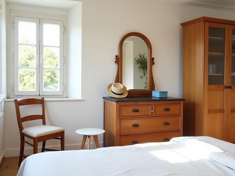 Photograph of a cozy bedroom with natural light from a window. Walls are white with wooden furniture. Includes a wooden chair with a light-colored cushion. Features a small round white table and a wooden dresser with a black top. A mirror is on the dresser with a straw hat on the left side and a small blue box on the right. There is a wooden cabinet with glass doors on the right. A white bedspread covers the bed in the foreground. Decor is simple and rustic creating a bright, airy atmosphere with soft shadows. Daytime scene shows greenery through the window. The overall style is vintage, creating a casual and homely feel with minimal clutter and warm wooden tones. The ambiance is relaxed and inviting.