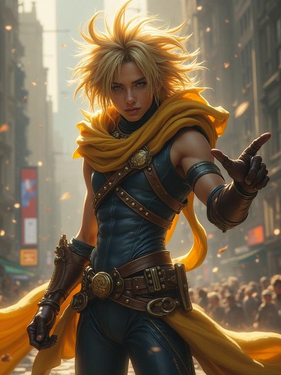 Character inspired by fantasy themes. Appears powerful and confident. Warm colors dominate the setting with dramatic lighting effects. A bustling city serves as the background. Costume features vibrant details and textures. Character exudes charisma and style.