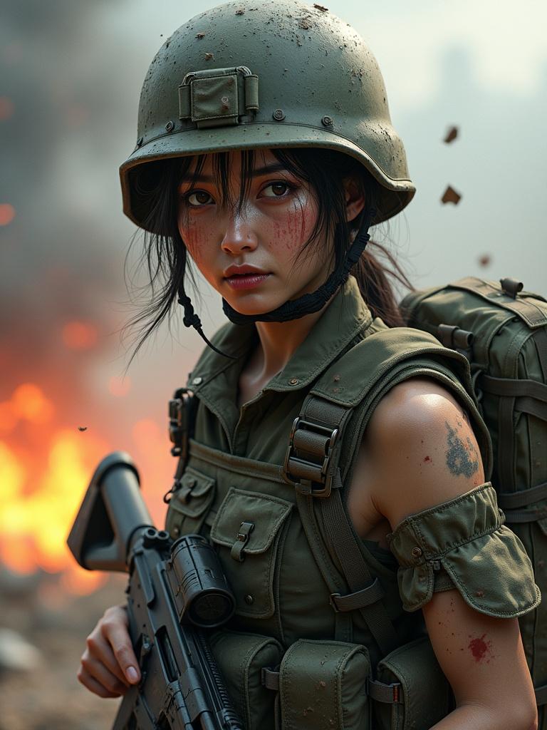 Highly realistic digital artwork of a beautiful Japanese female soldier in intense combat. She wears full combat gear including tactical vest and military helmet. Rifle is in her hands. Her uniform is torn from the battlefield. Chaos of explosions and smoke surrounds her. Dynamic action captured with dramatic angles and perfect lighting highlights the raw emotion of the moment.