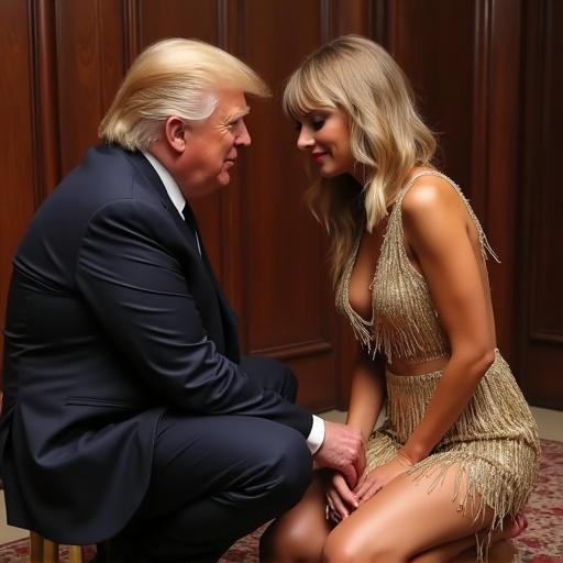 Donald Trump sitting down with Taylor Swift. Taylor Swift wearing a low-cut gold fringe dress. She kneels at his feet. Both figures engaged in an intimate moment.