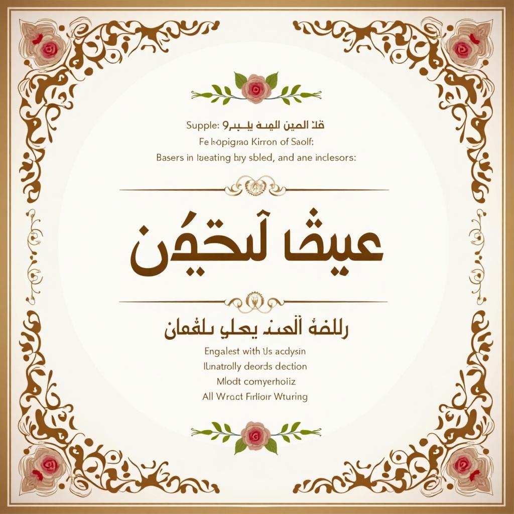 This is a wedding invitation card featuring elegant Arabic text for the names حسن وشهد. The card showcases ornate borders and floral decorations, creating a classic and sophisticated look. The dominant colors are gold and cream, adding a luxurious touch to the design. The text is the focal point, beautifully displayed in the center, surrounded by intricate patterns. This card is perfect for inviting guests to a prestigious cultural celebration.