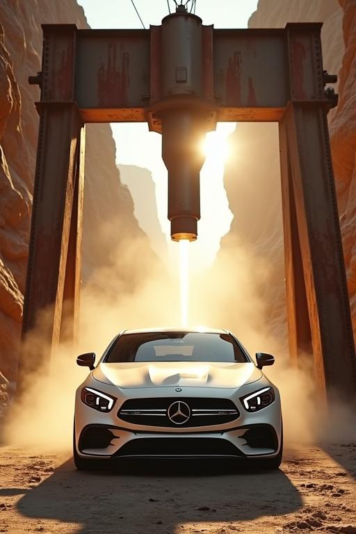 A hyper-realistic video showing a hydraulic press descending onto a white Mercedes-Benz in a rocky canyon. Bright sunlight casts harsh shadows. As the press descends, the roof of the car buckles. Glass cracks and dust rises into the light. Captured in slow motion with realistic effects. The press is mounted on a rusted frame on the floor.