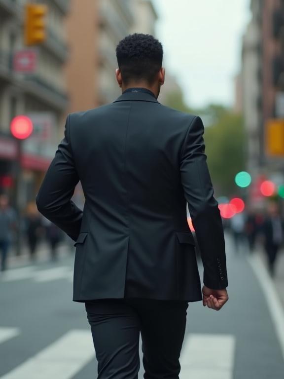 A handsome Latino man in a dark suit walks down a busy street with his back to the camera. The city streets are filled with pedestrians and traffic lights. He looks back with a fearful expression. Full body shot emphasizing his attire.