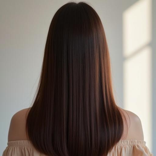 Back view of a person with straight, beautiful Japanese hair. Soft natural light highlights the hair.