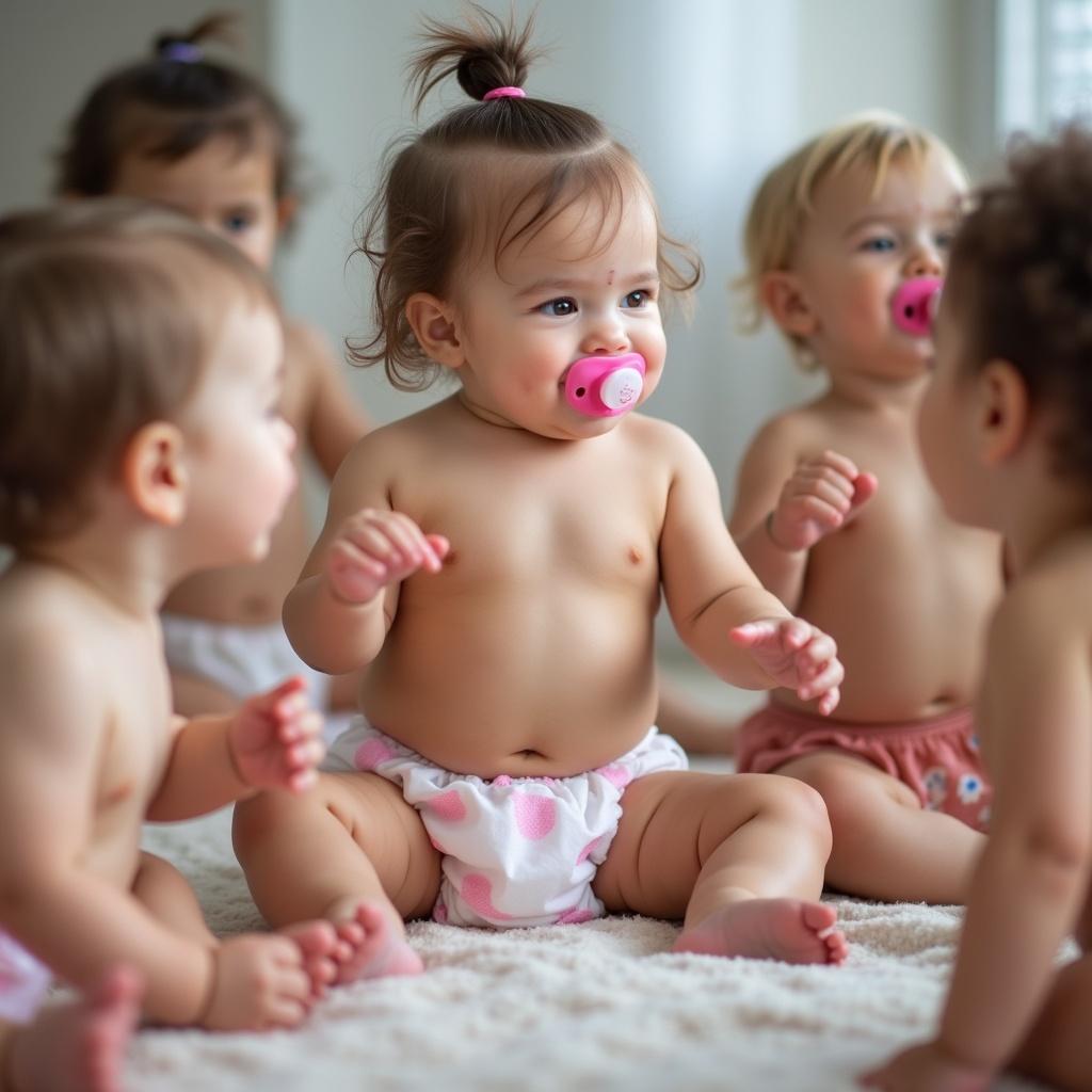 A cute toddler girl is playing with her friends in a bright room. She is wearing a white and pink diaper and has a pink pacifier in her mouth. The girl is reaching for her pacifier, looking curious and playful. Surrounding her are other toddlers, all enjoying their time together. The setting is warm and inviting, with soft lighting that enhances the joyful atmosphere.