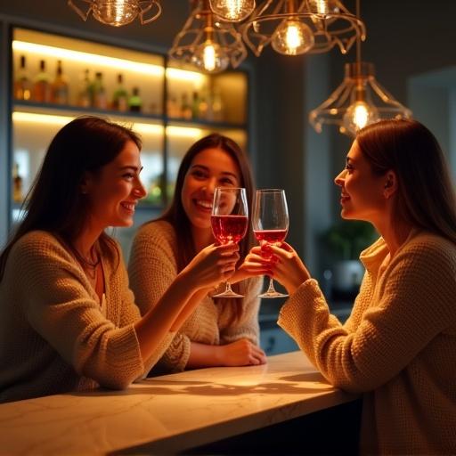 Three women wearing casual knitwear smile and toast with red wine glasses in a modern bar. Warm yellow lights create a cozy atmosphere. Metal chandeliers cast geometric shadows on gray walls. Marble countertop reflects light. Water droplets splash when glasses collide. A mix of cold and warm light enhances the intimate joy of their gathering.