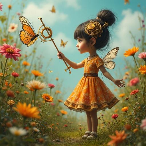 A steampunk girl in a vibrant orange dress stands in a flower garden. She holds a butterfly net. Clockwork pollinators hover nearby. The background includes colorful flowers and a clear blue sky.