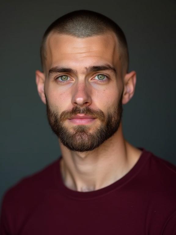 Studio portrait photograph featuring a young man with bright green eyes and a shaved beard. The man has a closely shaved head and wears a deep burgundy colored t-shirt. The background is neutral, enhancing his complexion.
