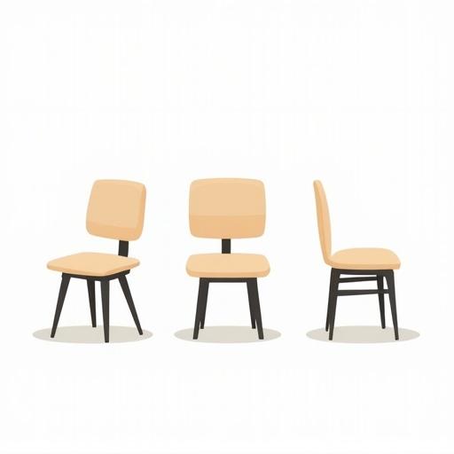 Set of three chairs in vector SVG style flat design on a white background. Each chair has a simple beige seat and black legs. Arrangement is in a straight line showing different profiles.