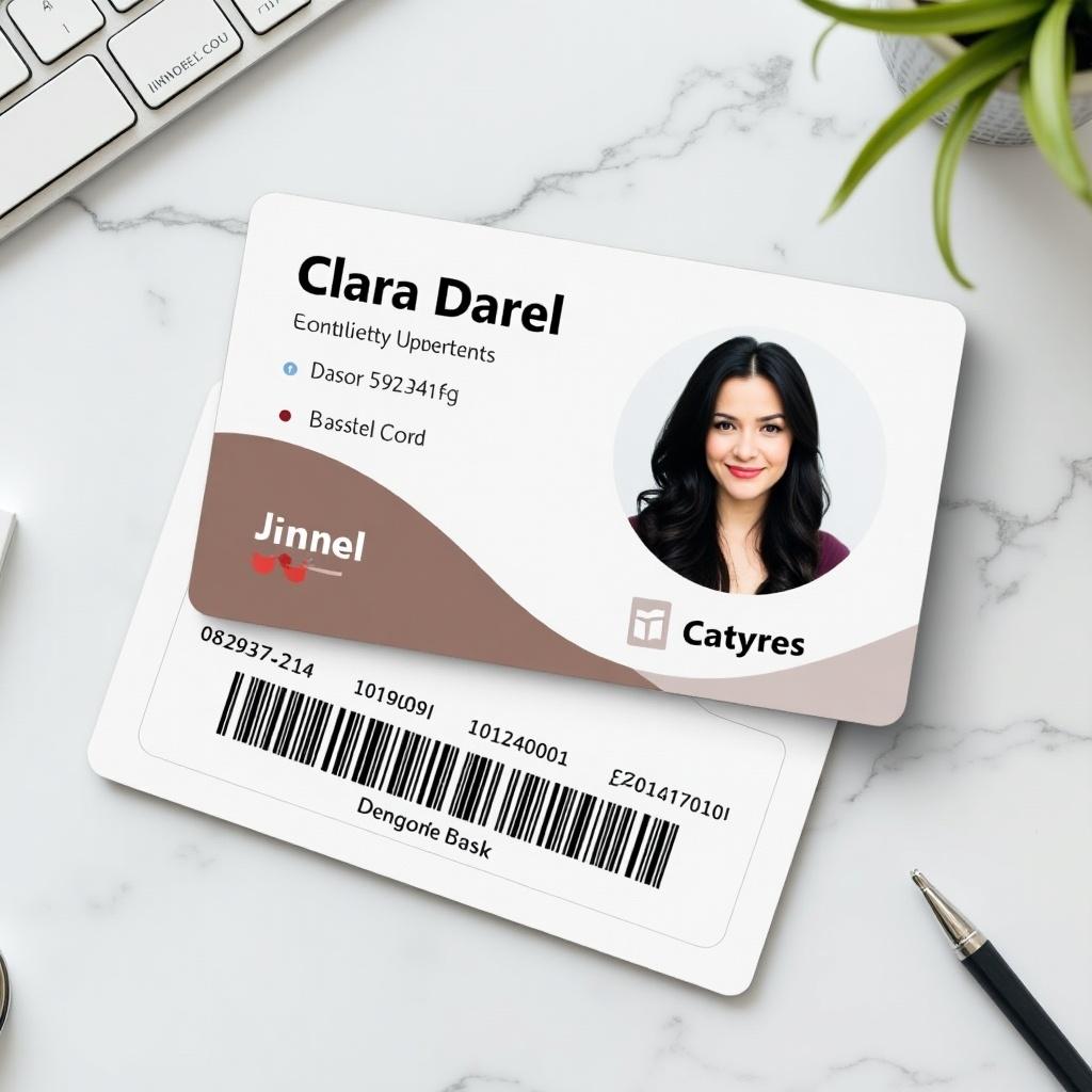 A library membership card placed on a marble surface. The card has a name displayed clearly. A barcode is visible for scanning and there is a library logo. The card has a modern clean design with a friendly appearance.