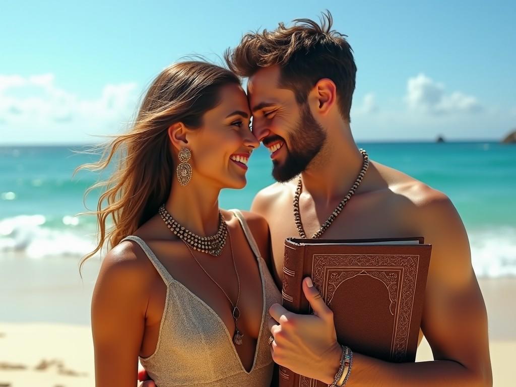 A young couple is embracing on a sunny beach, showcasing a happy expression. The ocean waves can be seen gently lapping in the background. The woman is adorned with goddess jewelry, while the man holds a large book, perhaps depicting themes from Crusader Kings 3. They both have excited expressions, radiating joy and connection. This scene captures a perfect moment of love and happiness in a bright, beachy atmosphere.