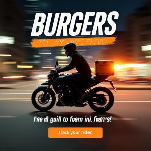 A Buffalo Burger rider zooming down the street with a glowing delivery box. Background shows motion-blurred city lights. Texts highlight burgers served fast and a CTA to track the rider. Colorful and energetic design.