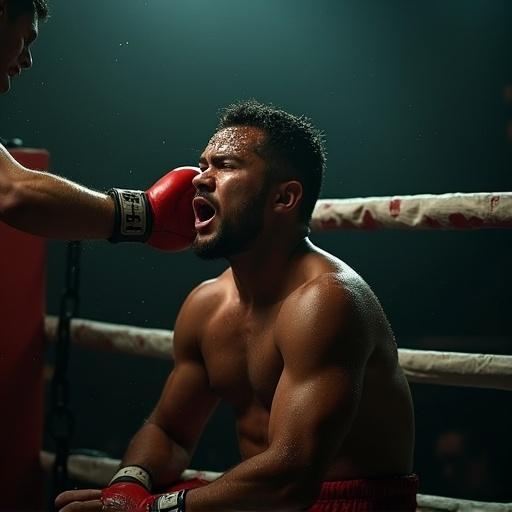Cinematic shot of an exhausted boxer in a corner of a boxing ring. Heavy breathing is evident. Dramatic low-key lighting highlights the tension. A red glove suddenly punches from the left. His head jerks to the right from impact. Face shows shock, pain and tension with sweat flying off. Dynamic moment captured with motion blur and shallow depth of field. Dark moody atmosphere with film grain. Ultra-realistic style reminiscent of boxing films.