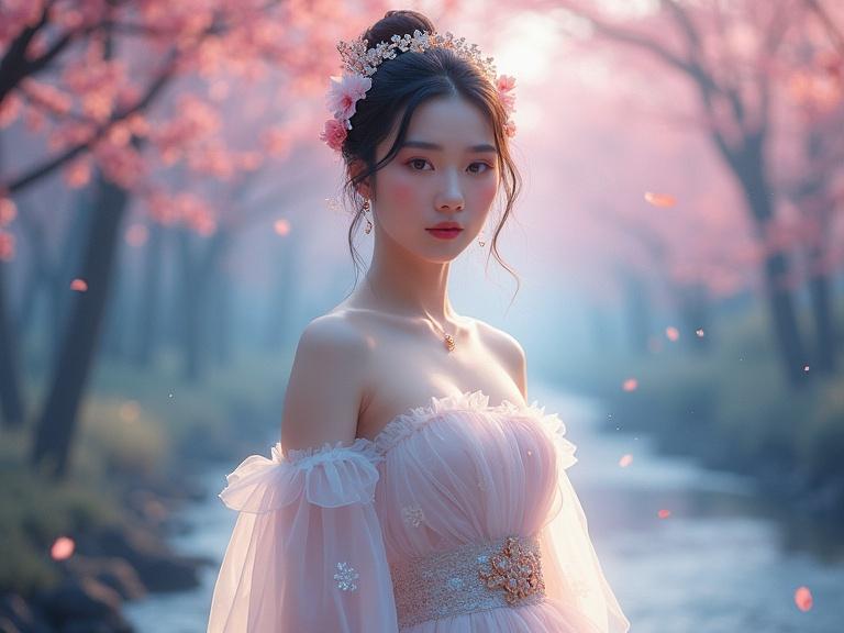 Beautiful Chinese woman facing the viewer directly in elegant sleeveless off-shoulder Ruqun Hanfu. Delicate features softly lit by pearlescent light with floral hair accessories. Graceful stance in ethereal dreamscape with blush-pink nebula clouds and sapphire cosmic energy. Cherry blossom petals and stardust drifting. Vivid soft-pink and cosmic-blue color split. Untouched nature background hints at adventure.