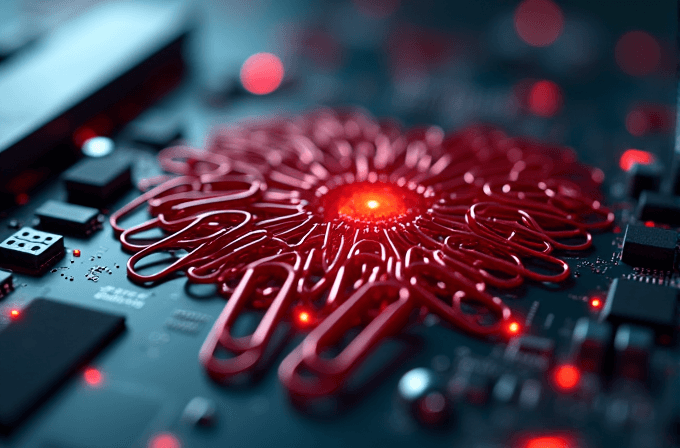 A glowing red circuit resembling a flower on a black motherboard, with a bright center light.