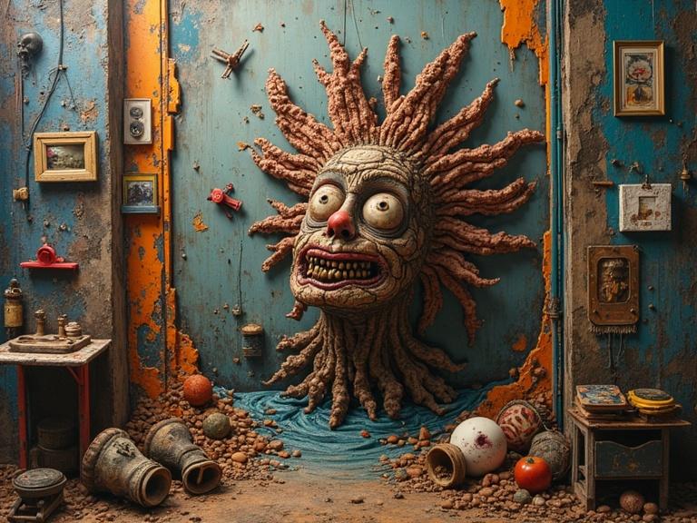 Three-dimensional mixed-media art installation inspired by horror. The piece features a large grotesque face on a wall surrounded by curated items.