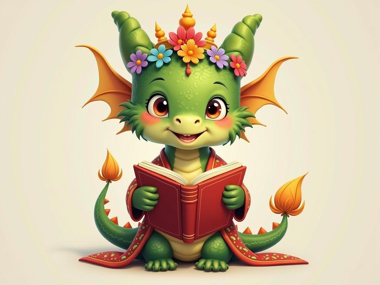 The image features a cute dragon-like creature with a friendly smile, wearing traditional clothing. The creature has a vibrant green color and a crown made of colorful flowers atop its head. It holds a large, red book in its hands, suggesting an interest in reading or storytelling. Its outfit is adorned with intricate patterns that reflect a cultural background. The overall expression of the creature conveys warmth and approachability, making it appear gentle and wise.