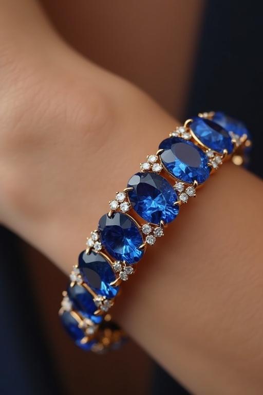 Faceted sapphire tennis bracelet worn on a hand. Gold band with oval sapphires and diamond accents.