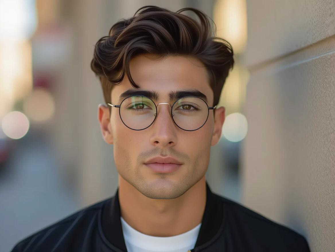 Ultra-realistic portrait features young man with wheatish skin tone. Hair is short and slightly wavy. Face is oval and elongated. Eyes are medium-sized and dark brown. Expression is calm with a soft smile. Accessories include thin round glasses. Attire consists of a casual white t-shirt and black bomber jacket. Lighting is cinematic. Image resolution is 8K.