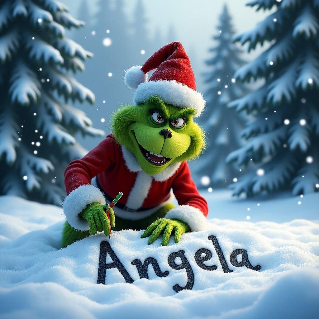 The image features the Grinch in a traditional suit writing in the snow. The Grinch is smiling. Snow falls gently around him. The name 'Angela' is inscribed in fresh snow. Tall, snow-covered trees surround the scene. The image captures festive season essence.