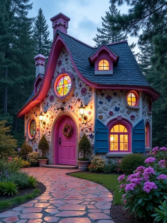 Whimsical cottage set in a forest during twilight. Steeply pitched roof with gray shingles and pink trim. Walls decorated with colorful mosaics featuring flowers. Uniquely shaped chimney with vibrant mosaics. Bold pink front door with a curved top. Two lanterns emitting warm light on either side. Windows with stained glass panes glowing from within. Winding path made of multicolored stones leading to the cottage. Surrounded by greenery and blooming flowers, creating a magical atmosphere.