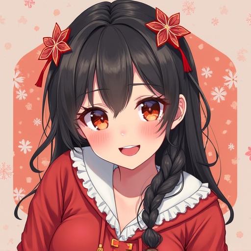 A character with long black hair and autumn-themed decorations, wearing a red outfit with a frilled collar, smiling warmly.