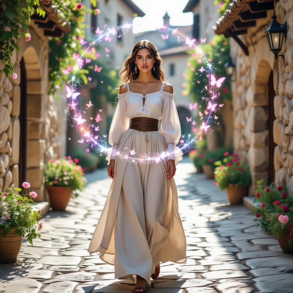 A woman walks down a medieval stone-paved street adorned with flowers. She wears a white blouse and a long skirt, emphasizing her figure. Soft natural light illuminates her and the scene. Around her are butterflies and magical particles, creating a whimsical atmosphere. Background features ancient stone structures and a glowing magic circle. Image captures photographic realism with intricate details.