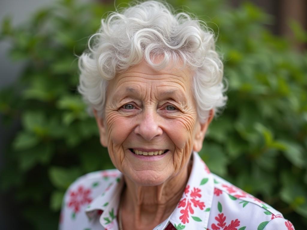 a smiling elderly woman with white curly hair standing in front of a leafy green background