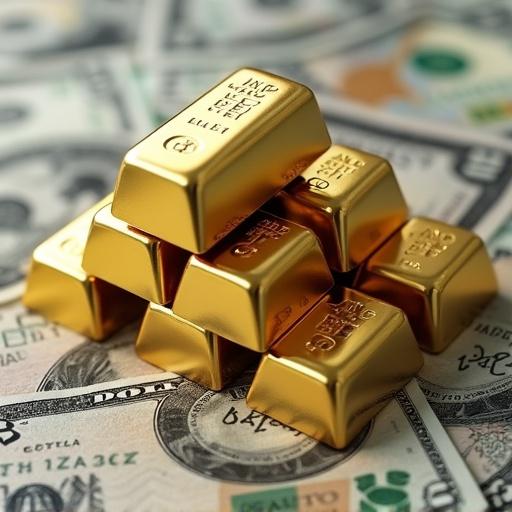 Gold and silver bars arranged on US dollar bills. Close-up view of gold bars in a pyramid shape. Shiny and rectangular with reflective surfaces. Stacked on US dollar bills showing different types of money. Focus on detailed textures of gold and dollar bills. Realistic lighting in a macro photo.