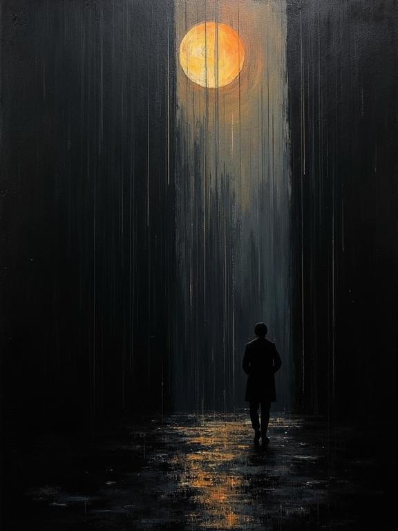 Digital oil painting with harsh brush strokes. Background is black. Features absurdist and unfinished elements. Uses flat colors and minimalist style. Includes a silhouette walking under a full moon. Visual layers create a sense of rain and color depth.