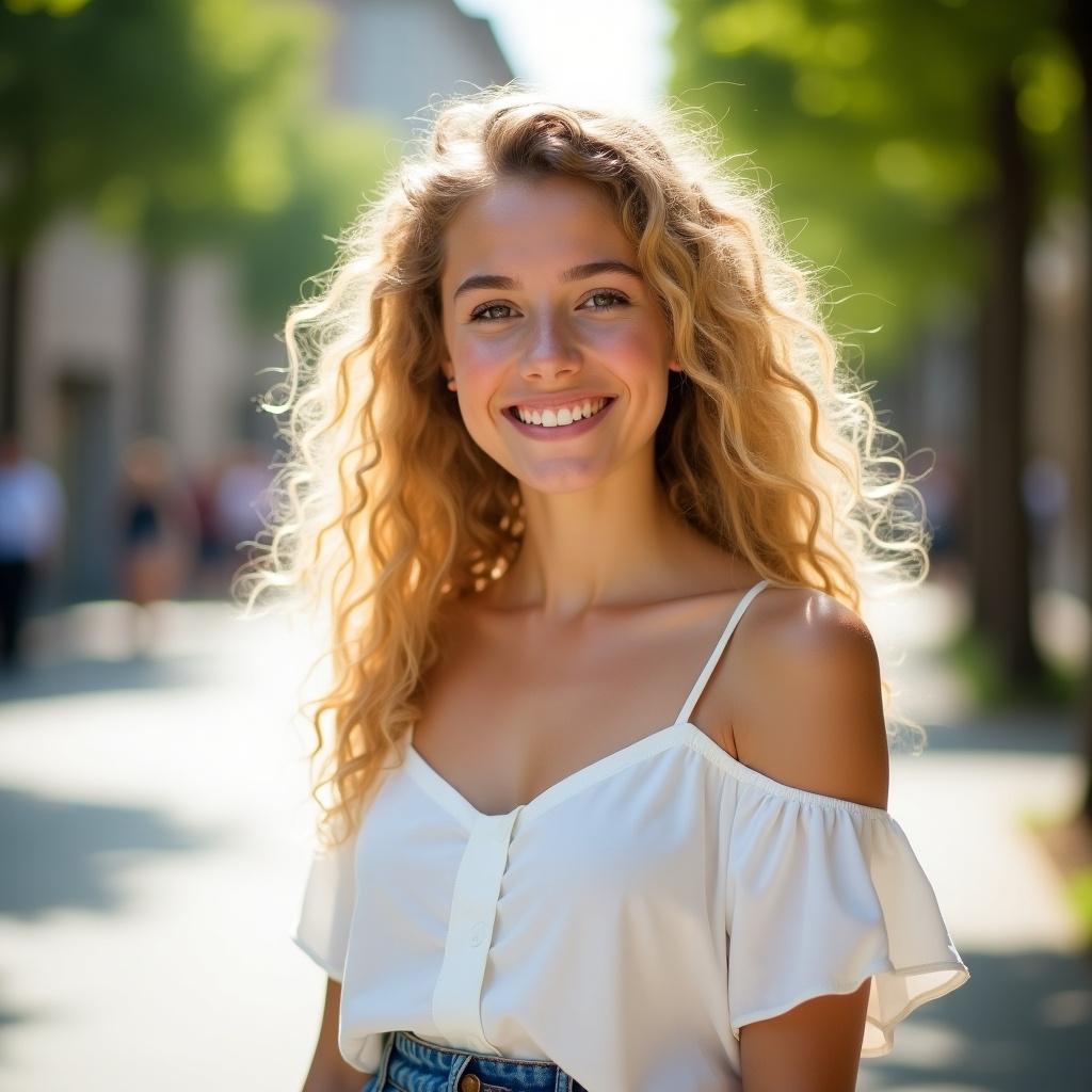 A beautiful young woman with long curly shoulder-length hair. She wears a white blouse and blue skirt. It is a summer day. The photo shows her portrait in soft lighting.