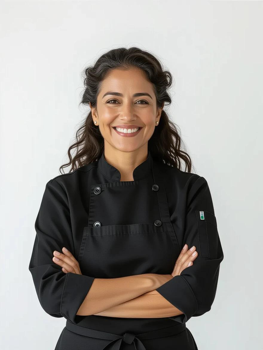 Portrait of a smiling Brazilian pastry chef. She has dark skin and long curly hair. Wearing a black chef's blouse with long sleeves and buttons. Black apron is tied. Striking a confident pose with arms crossed. Expression is friendly and professional. Clean white background. Studio lighting enhances detail.