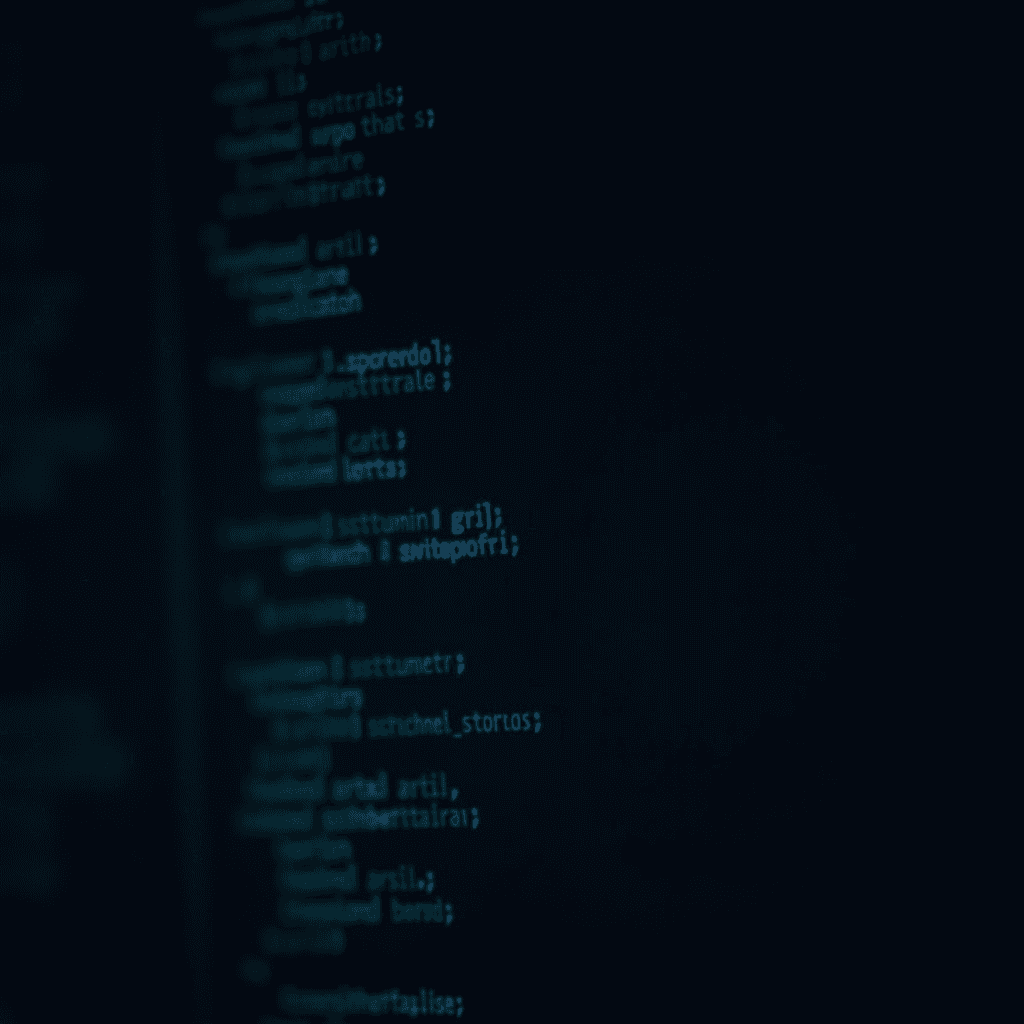 A blurred close-up view of code on a computer screen, featuring lines of text in a dark environment.