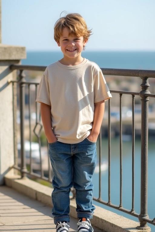 A young boy stands on a balcony. He wears a large natural-colored T-shirt and blue jeans. Hands are in his pockets. The background shows a sunny harbor in Normandy. The scene is peaceful and quiet.