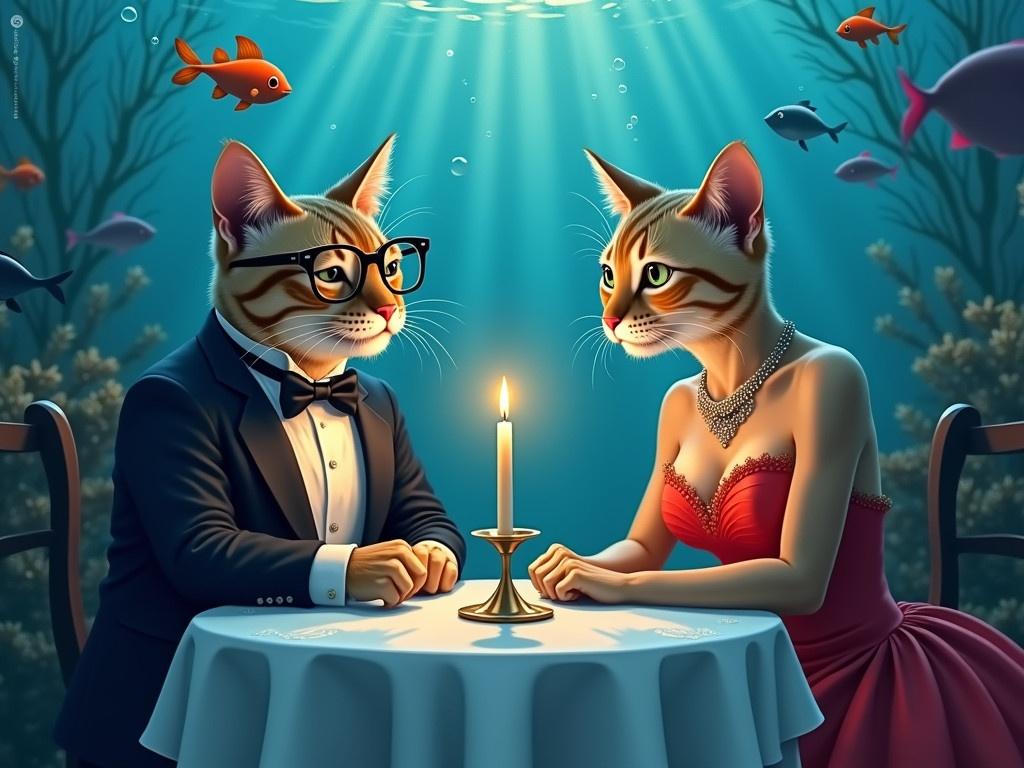 Create an underwater scene featuring two cats having a romantic dinner. The male cat is wearing a tuxedo and glasses, while the female cat is dressed in a stunning red gown with jewelry. They are sitting at a table adorned with a white tablecloth, a single candle flickering between them, casting shadows. The background is a deep blue ocean, filled with a variety of colorful fish swimming around them, along with bubbles drifting upward. The overall style should be surrealistic, emphasizing high detail in the underwater environment and the characters, blending a whimsical atmosphere with the marine life around.