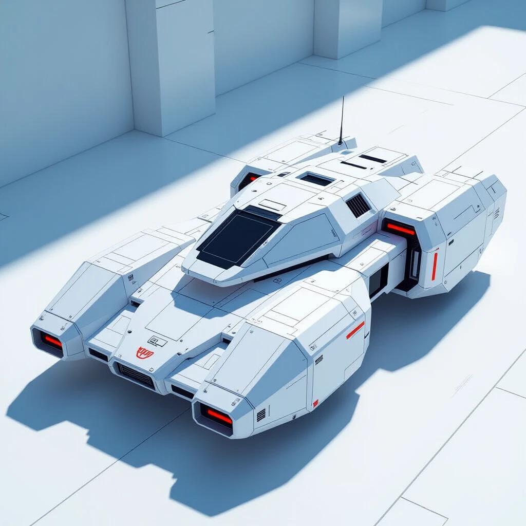 Futuristic hover tank designed in a blocky style. Features clean lines and geometric shapes. Dominantly white with gray accents. Display of shadows and textures enhances realism.