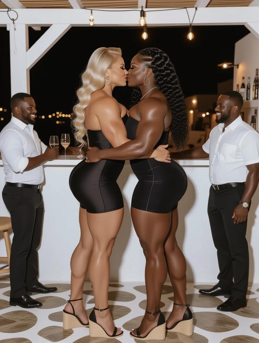 Two muscular female bodybuilders embrace in a Mykonos bar. One has blonde wavy hair and fair skin. The other has long black curly hair and dark skin. Both wear tight black dresses and high espadrille heels. They have thick legs and ample backs. Two bartenders in the background observe.