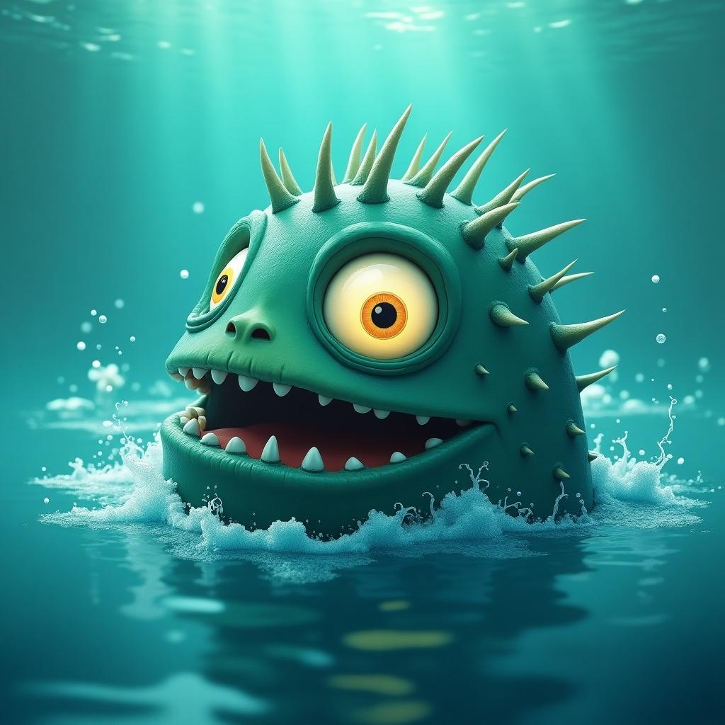 Image of one-eyed monster partially submerged in turquoise water. Spiky scales resemble waves. Large, shiny eye above water, expressing mischief. Textured scales on body. Gentle waves around creature.