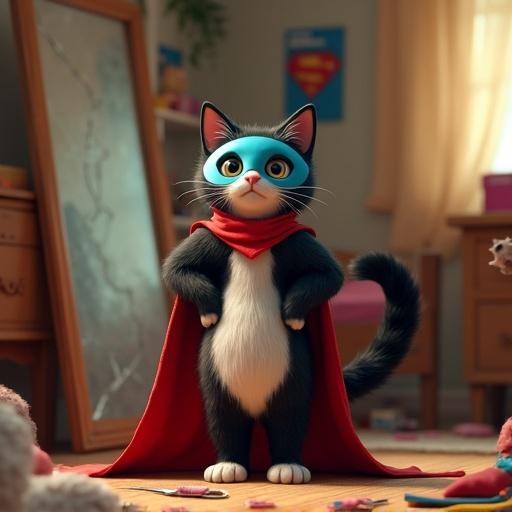 A black and white tuxedo cat wears a red homemade cape and blue mask. The cat poses in front of a cracked mirror. The room contains scattered fabric, scissors, and thread. Comic book posters decorate the walls. Cat has an excited curled tail and a proud yet awkward expression. 3D animated style.