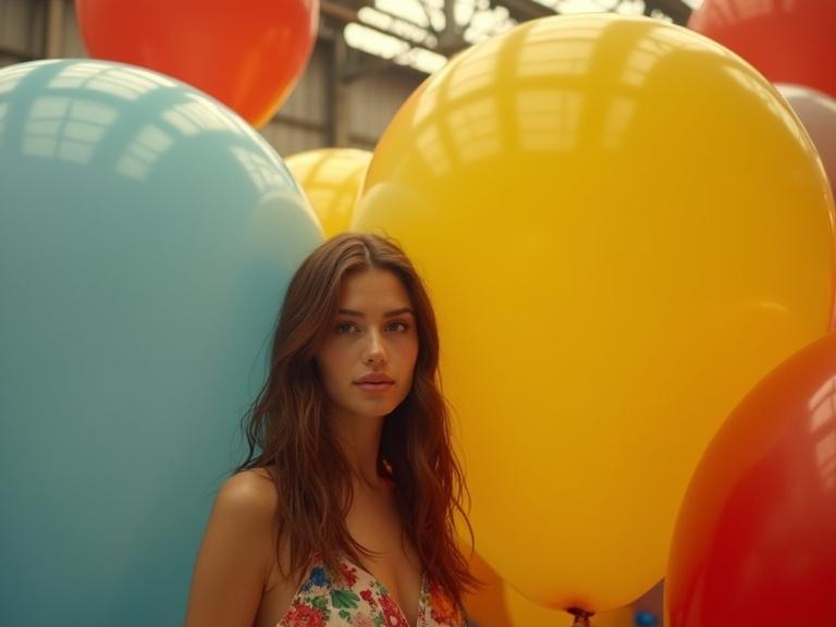 Brunette woman stands against giant balloons. Balloons are blue, yellow, red, much larger than her. She has a mild expression. Realistic skin texture with visible pores. Detailed face and eyes. Natural lighting in a balloon factory filled with oversized balloons.