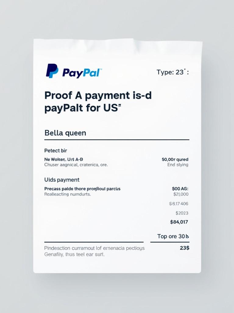 Document shows proof of payment from PayPal. Payment directed to Bella queen. Receipt has recognizable PayPal design. Layout emphasizes clarity with bold text and simplified background. Completed transaction of 23 dollars.