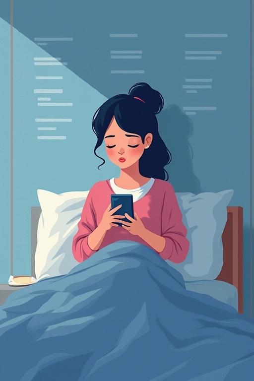 Character wakes up in bed. Character grabs phone and scrolls. Character drinks water. Actions repeat in a loop. Background shows text suggesting routine. Minimalist bedroom style.