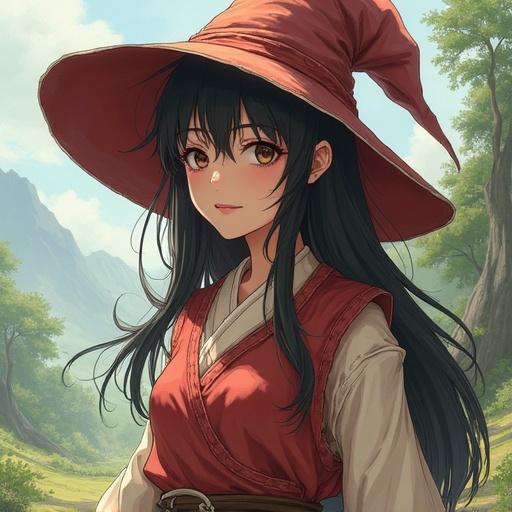 A human woman dressed like a Dragon Quest villager appears in anime style. Background features green mountains and trees. The woman wears a large red hat and a red outfit with a natural setting.