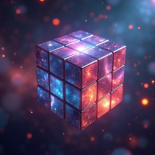 A Rubik's cube appears unsolved floating in cosmic space. Each square depicts a different galaxy. The design is hyper realistic and luminous.