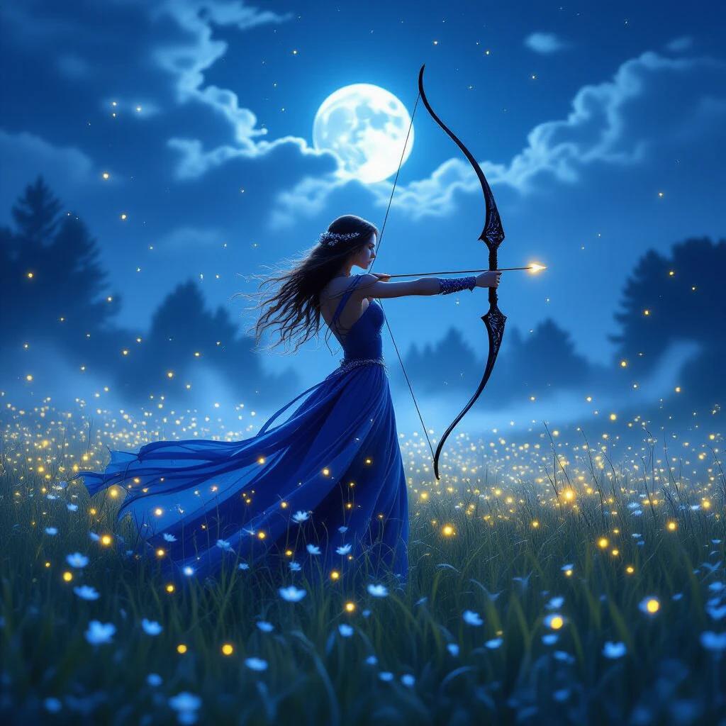 A moonlit archer stands in a glowing meadow of wildflowers. The archer has a flowing sapphire gown trailing through soft grass. A black-silver bow is drawn, encircled by swirling fireflies. Thick silver-blue fog rolls through the field softening distant trees. Moonlight is diffused behind delicate clouds, creating a fantasy realism style with an ethereal atmosphere.