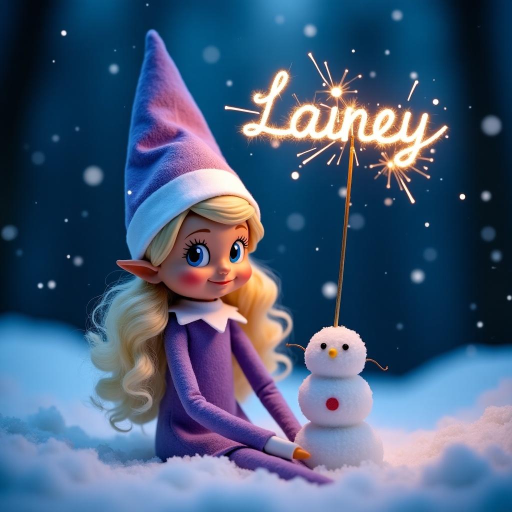 The image features a lilac girl Elf on the Shelf with long, curly blonde hair and blue eyes, set in a beautiful woodland scene at night. She is sitting on the snow, next to a cute snowman, radiating a warm and festive atmosphere. The elf is holding a sparkler that lights up the scene, and the name 'Lainey' is artistically written in sparkling light in the background sky. The snowy landscape and enchanting colors create a magical holiday vibe. This charming composition evokes the joy and wonder of Christmas for children and families.