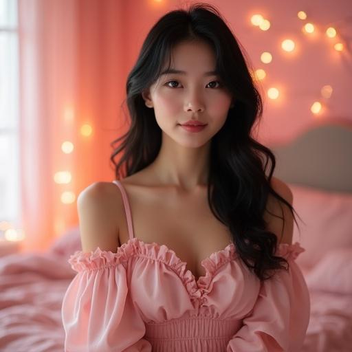 Beautiful young woman with bright skin and black wavy hair, wearing a pastel pink off-shoulder dress, posed in a cozy pink bedroom decorated with fairy lights, evokes a dreamy and gentle atmosphere.