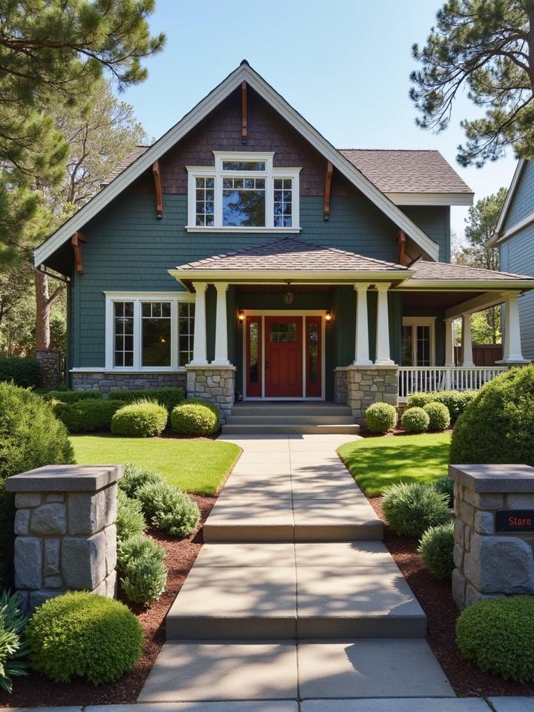 A residential home in craftsman style. The house has a large front porch with white columns. It is surrounded by well-maintained shrubs and a neatly paved pathway. The setting has a bright sunny day with natural light illuminating the scene.