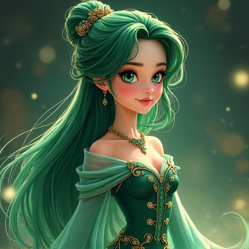 Una bailarina con cabello verde y ojos esmeralda, luciendo un vestido semi transparente en un estilo de fantasía medieval anime.